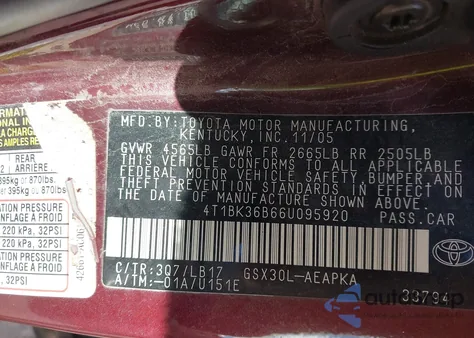 2006 Toyota Avalon Limited z USA, uszkodzony, nr VIN 4T1BK36B66U095920